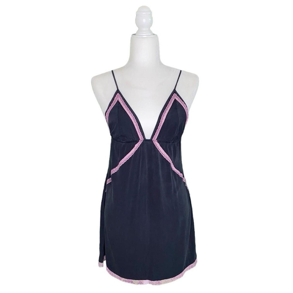 Victoria’s Secret Silk Slip Dress · Dark Gray w/ Pink Lace Trim · Size L